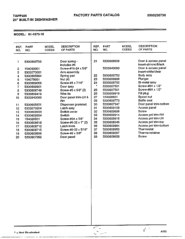Parts List Diagram and Parts List for 61-1073-10  Frigidaire Dishwasher