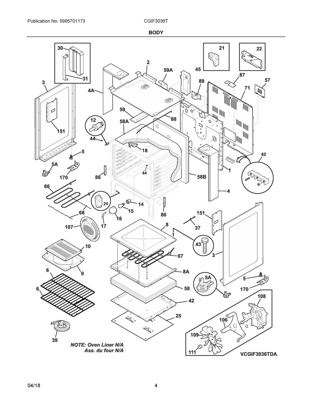 Body Diagram and Parts List for CGIF3036TFB  Frigidaire Range
