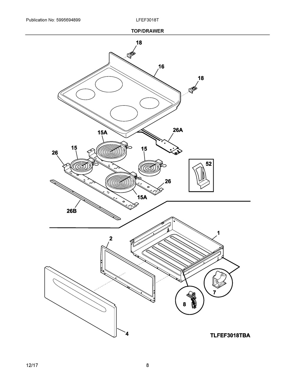 Top/drawer Diagram and Parts List for LFEF3018TWD  Frigidaire Range
