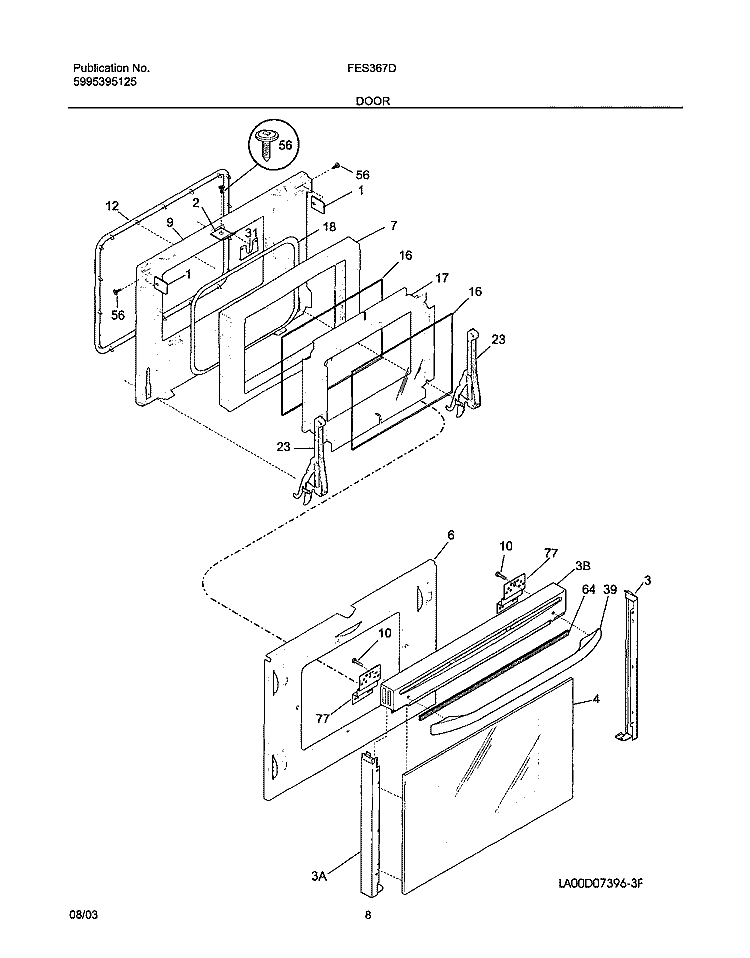 DOOR Diagram and Parts List for FES367DQA  Frigidaire Range