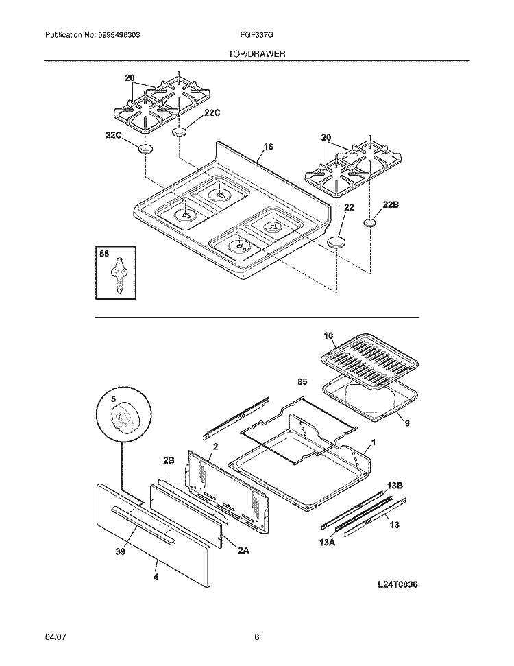 TOP / DRAWER Diagram and Parts List for FGF337GSA  Frigidaire Range