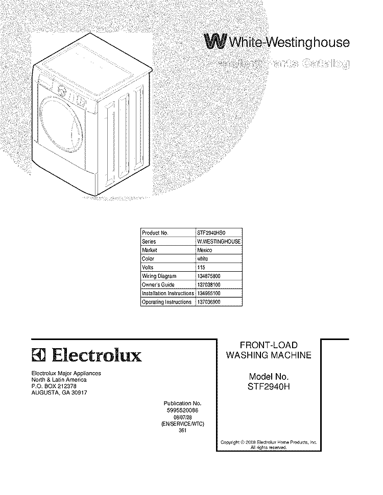 COVER Diagram and Parts List for STF2940HS0  Westinghouse Washer
