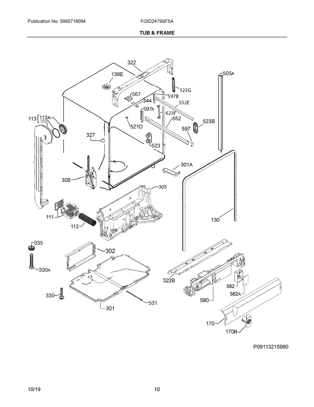 Tub & Frame Diagram and Parts List for FGID2479SF5A  Frigidaire Dishwasher
