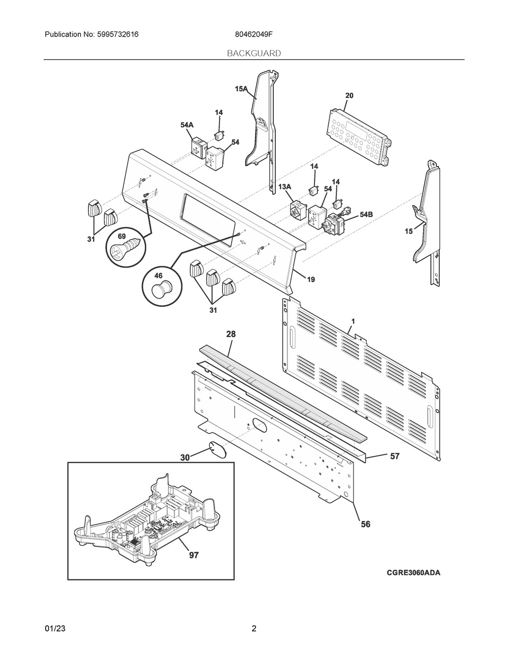 Backguard Diagram and Parts List for 80462049F  Frigidaire Range