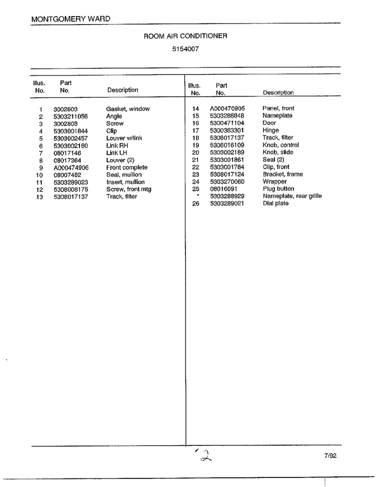 Room Air Conditioner Page 2 Diagram and Parts List for 5154007  Frigidaire Air Conditioner