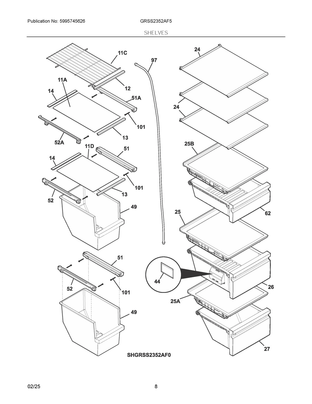 Shelves Diagram and Parts List for GRSS2352AF5  Frigidaire Refrigerator