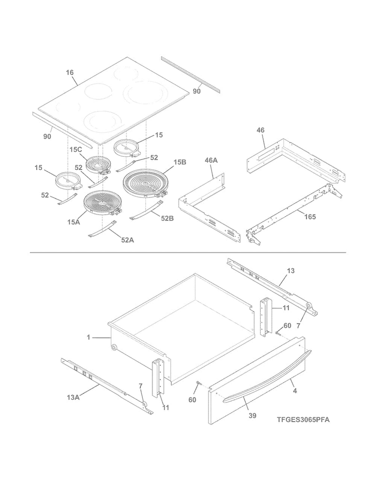 Top/drawer Diagram and Parts List for FGES3065PFA  Frigidaire Range
