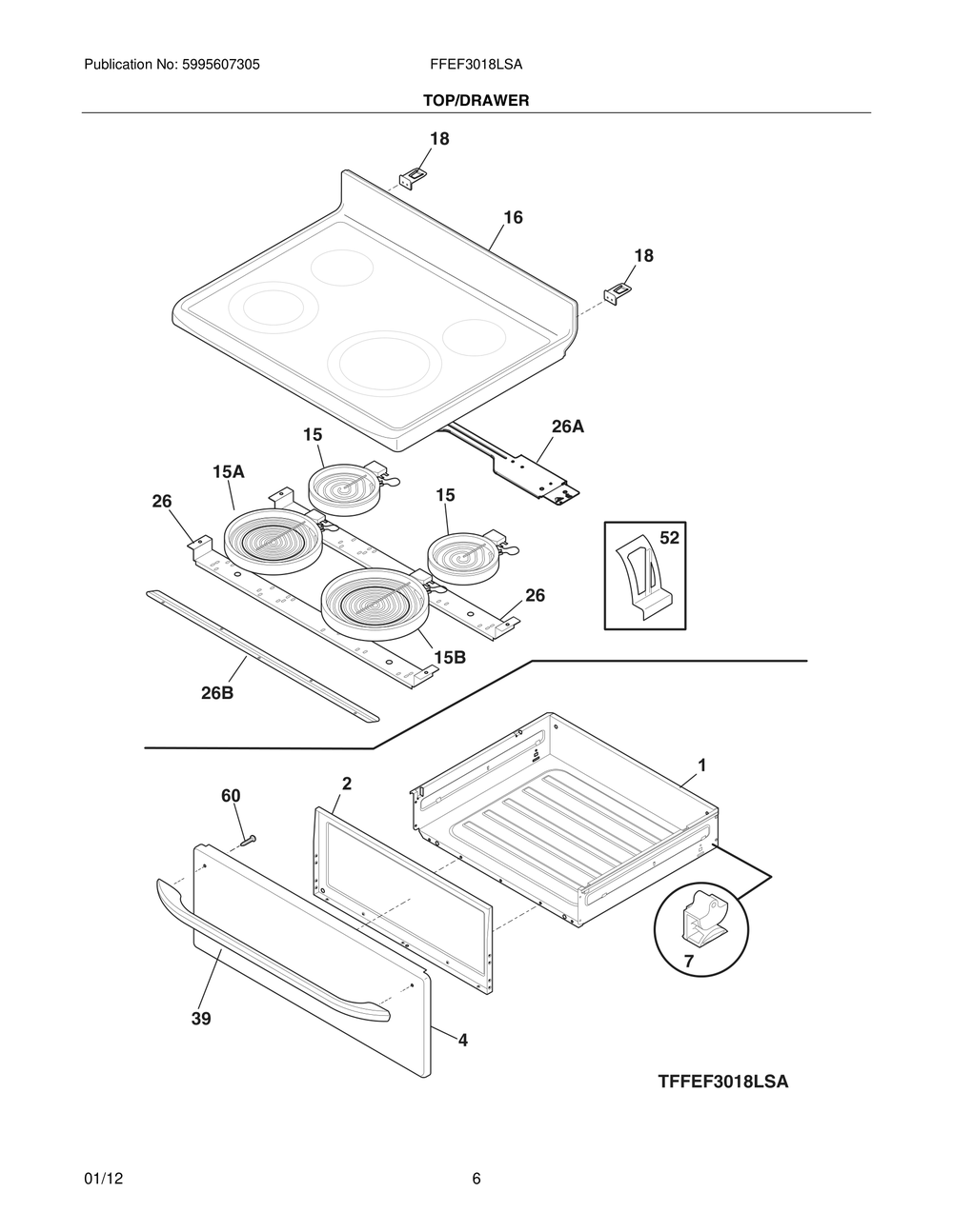 Top/Drawer Diagram and Parts List for FFEF3018LSA  Frigidaire Range