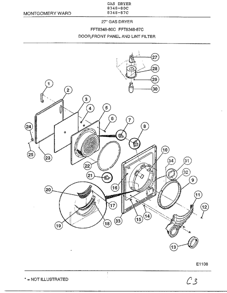 Door, Front Panel And Lint Filter Diagram and Parts List for 8348-87C  Frigidaire Dryer