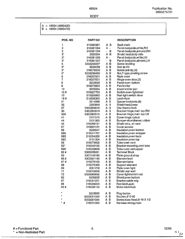 Body Page 2 Diagram and Parts List for 486540D  Frigidaire Range