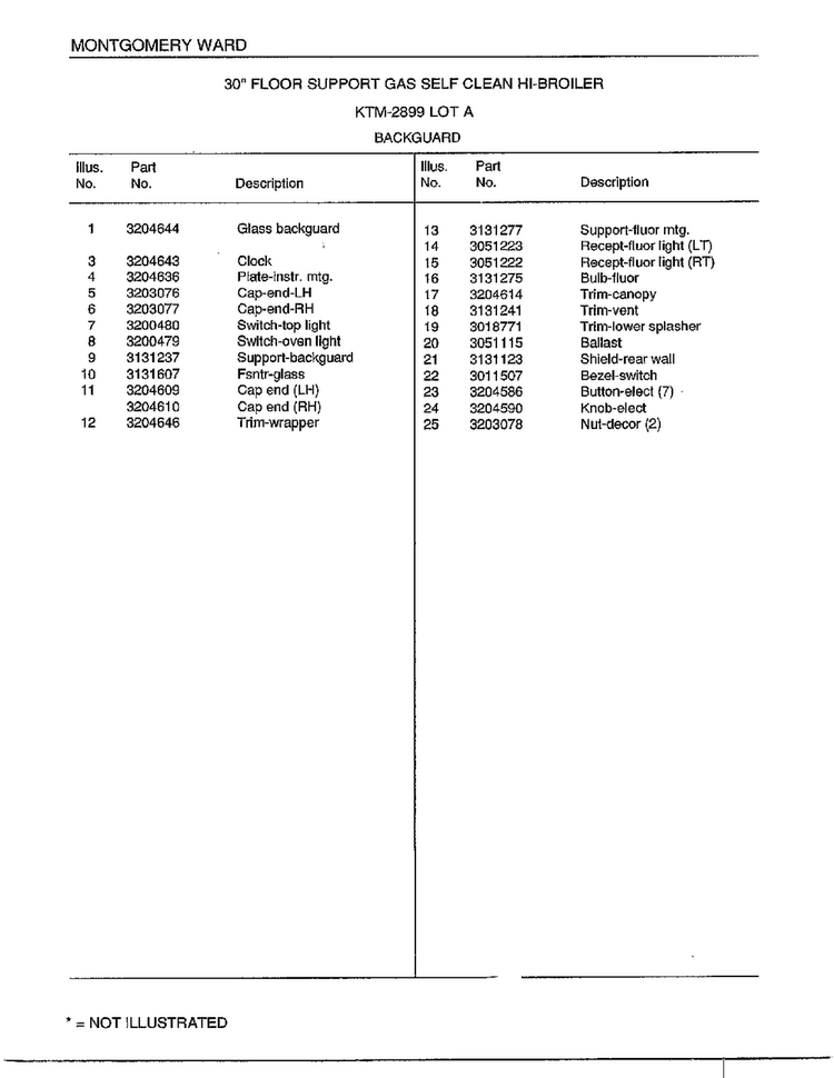 Gas Self Clean Hi Broiler/backguard Page 2 Diagram and Parts List for 2899A  Frigidaire Range