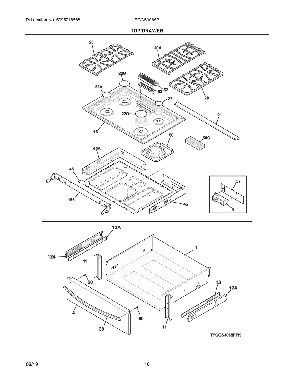 Top/drawer Diagram and Parts List for FGGS3065PBU  Frigidaire Range