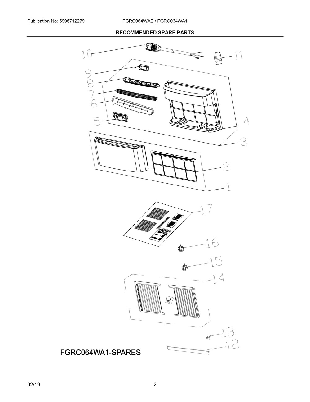 Recommended Spare Parts Diagram and Parts List for FGRC064WAE00  Frigidaire Air Conditioner