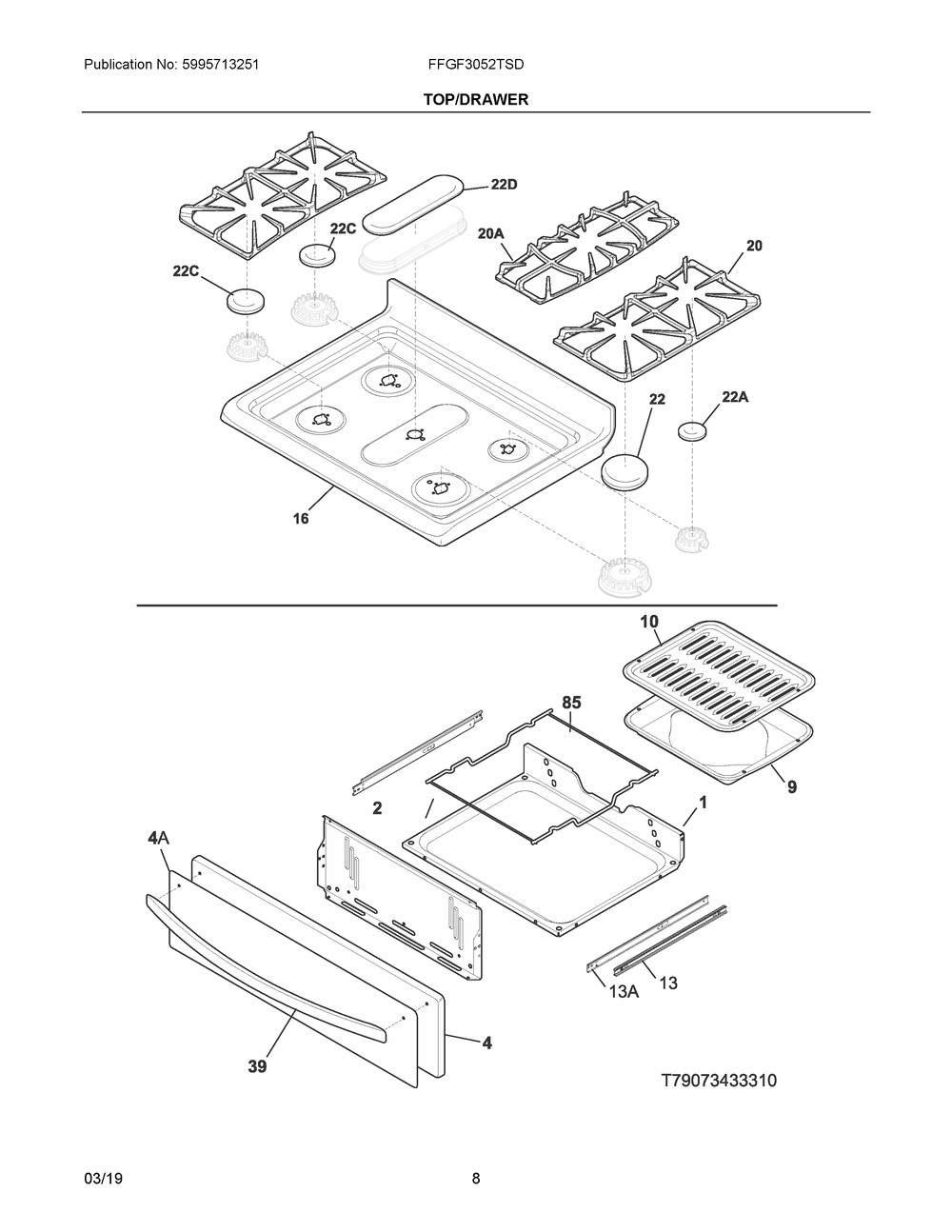 Top/drawer Diagram and Parts List for FFGF3052TSD  Frigidaire Range