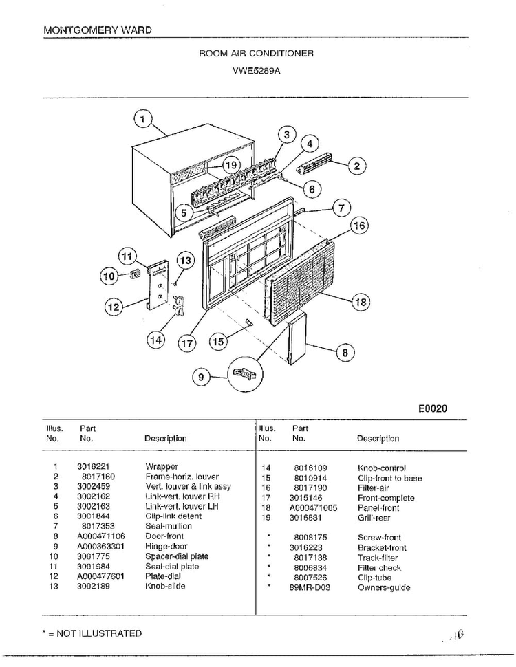 Room Air Conditioner Diagram and Parts List for 5289A  Frigidaire Air Conditioner