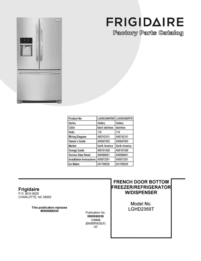 01 - Cover Sheet Diagram and Parts List for LGHD2369TD0  Frigidaire Refrigerator