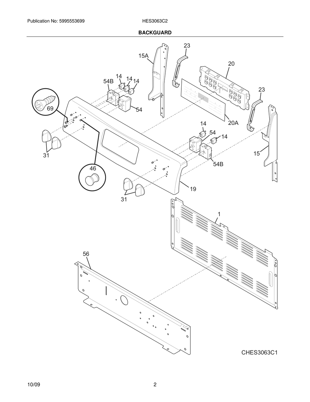 Backguard Diagram and Parts List for HES3063C2  Frigidaire Range