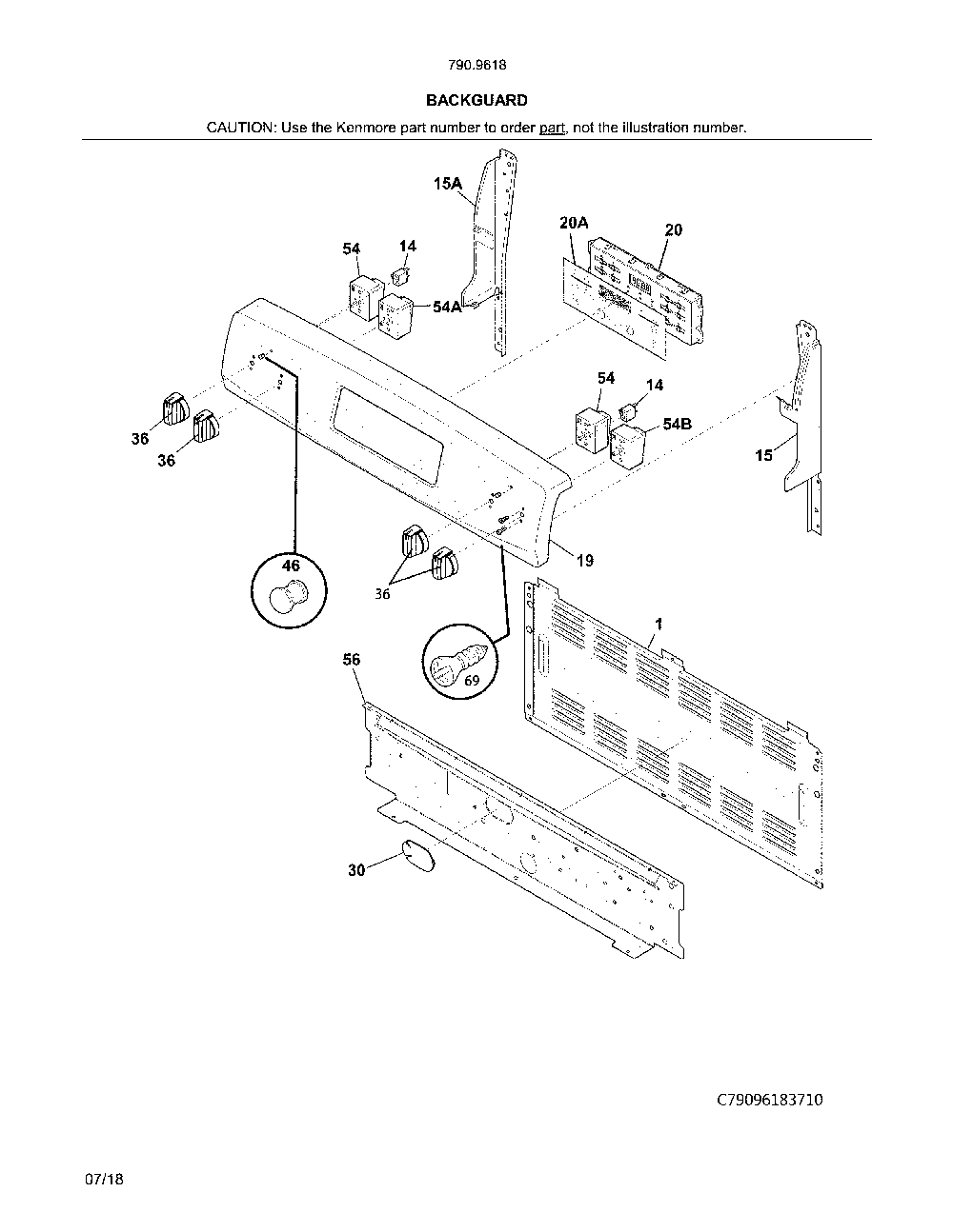 Backguard Diagram and Parts List for 79096182714  Kenmore Range
