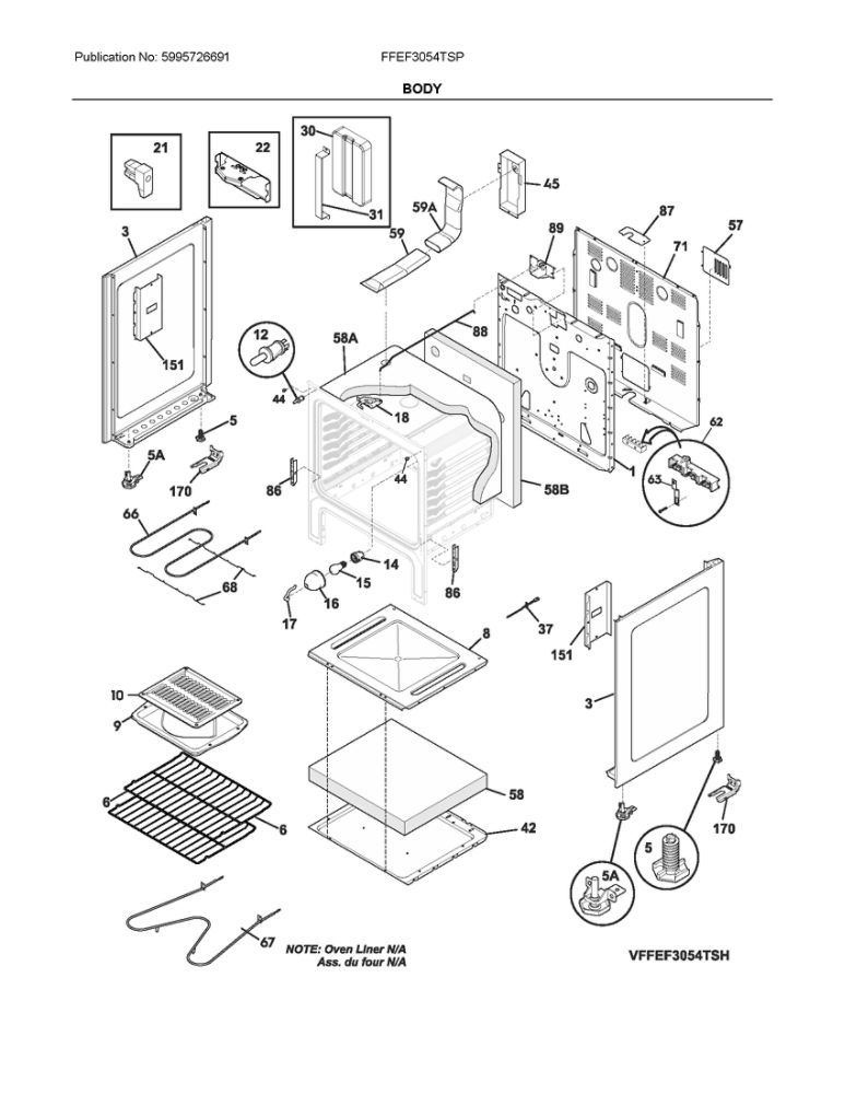 Body Diagram and Parts List for FFEF3054TSP  Frigidaire Range