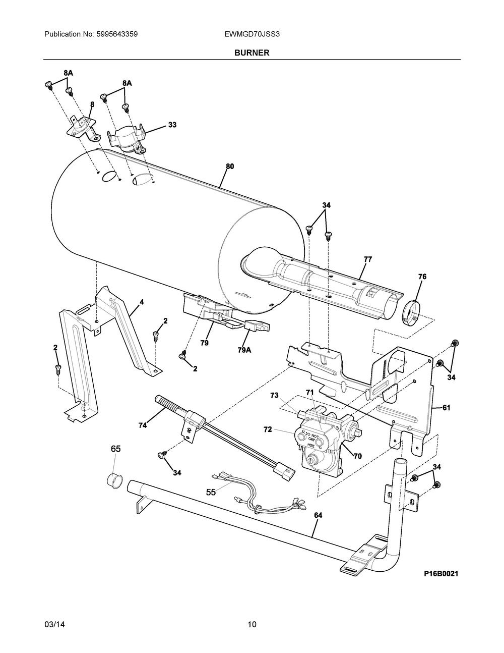 Burner Diagram and Parts List for EWMGD70JSS3  Frigidaire Dryer