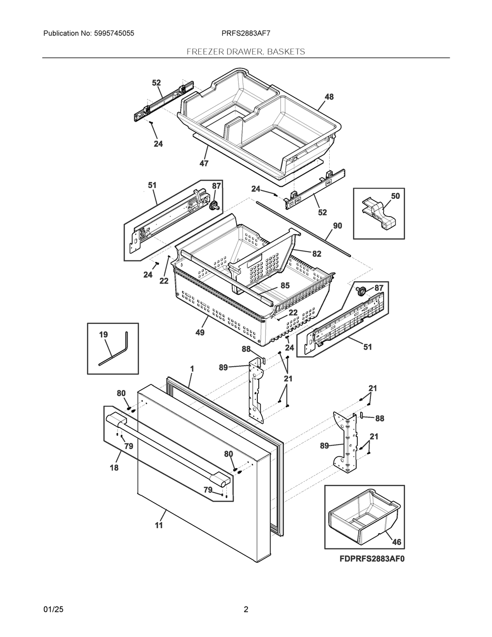 Freezer Drawer, Baskets Diagram and Parts List for PRFS2883AF7  Frigidaire Refrigerator