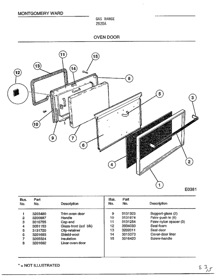 Oven Door Diagram and Parts List for 2820A  Frigidaire Range