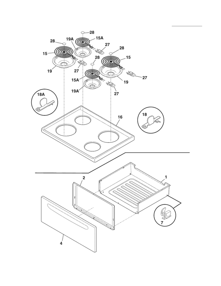 Top/drawer Diagram and Parts List for FFEF3005XWA  Frigidaire Range