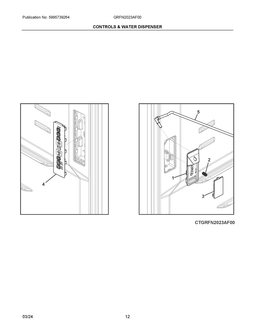 Controls And Water Dispenser Diagram and Parts List for GRFN2023AF00  Frigidaire Refrigerator