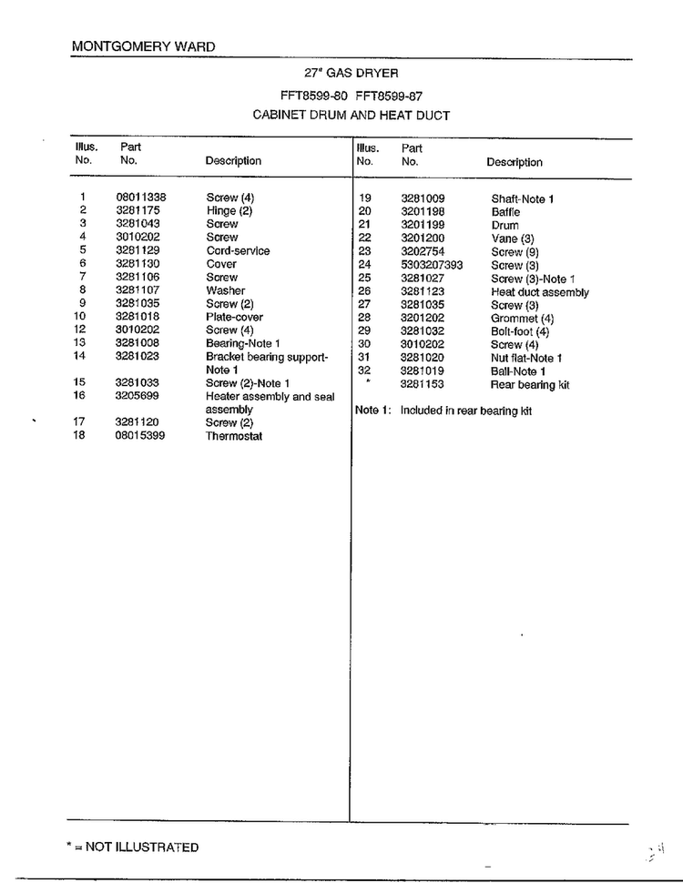 Cabinet Drum And Heat Duct Page 2 Diagram and Parts List for 8599-87  Frigidaire Dryer