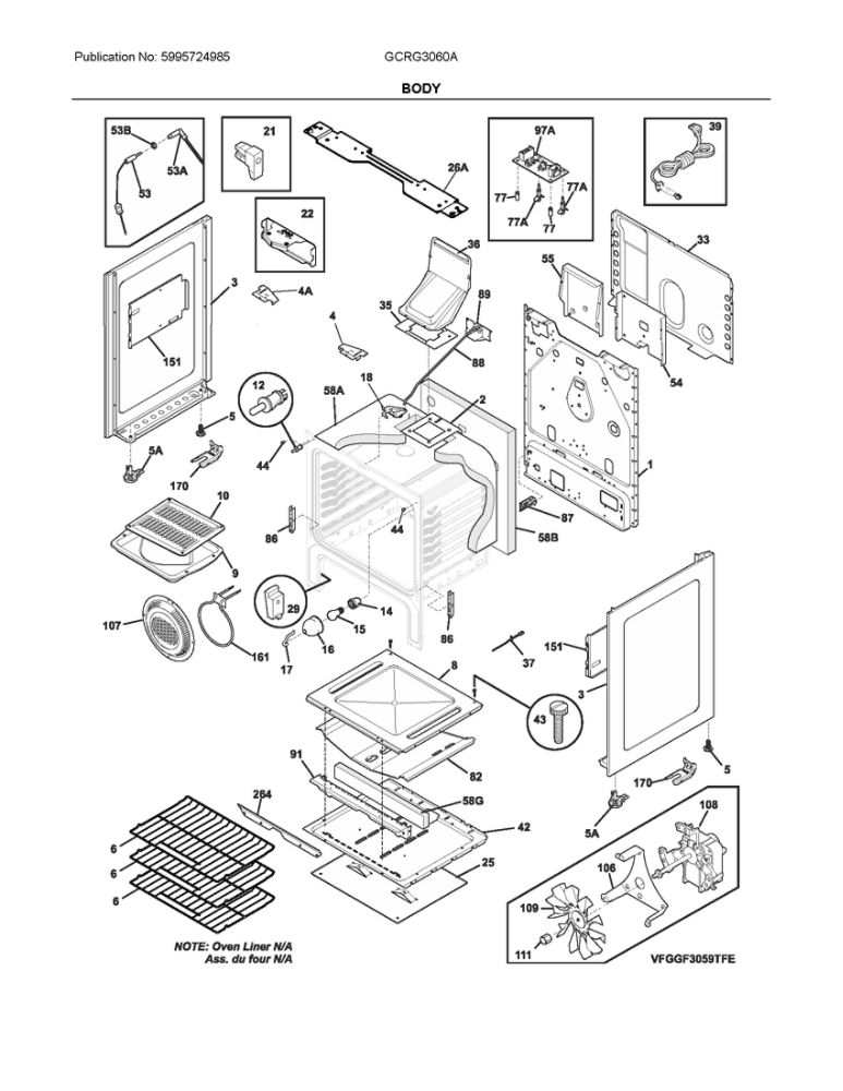 Body Diagram and Parts List for GCRG3060AFC  Frigidaire Range