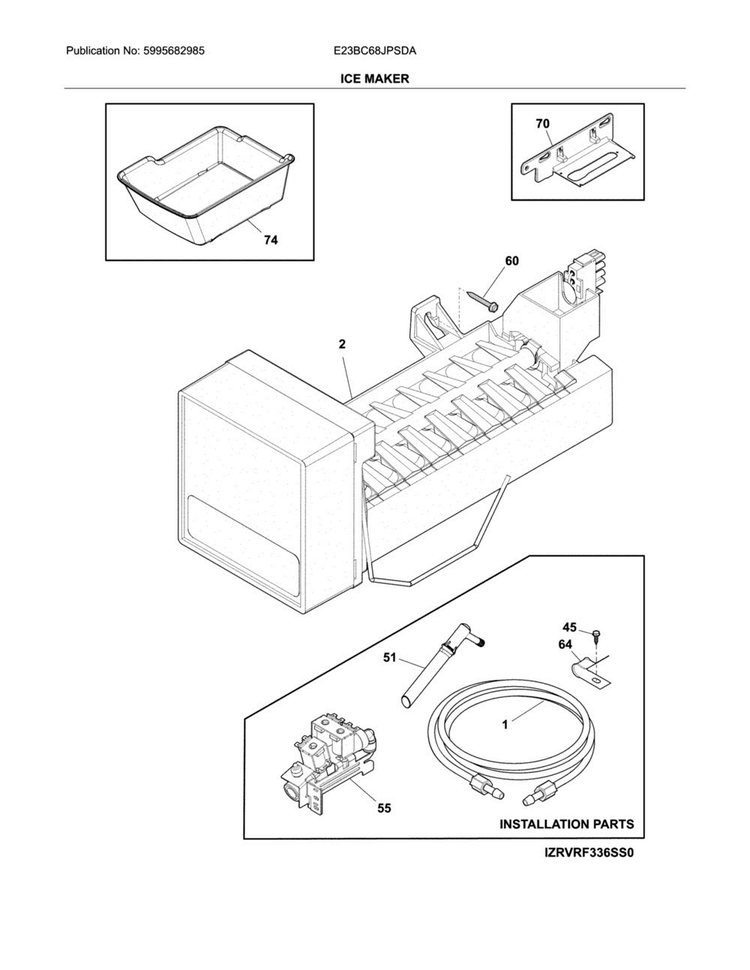 Ice Maker Diagram and Parts List for E23BC68JPSDA  Electrolux Refrigerator