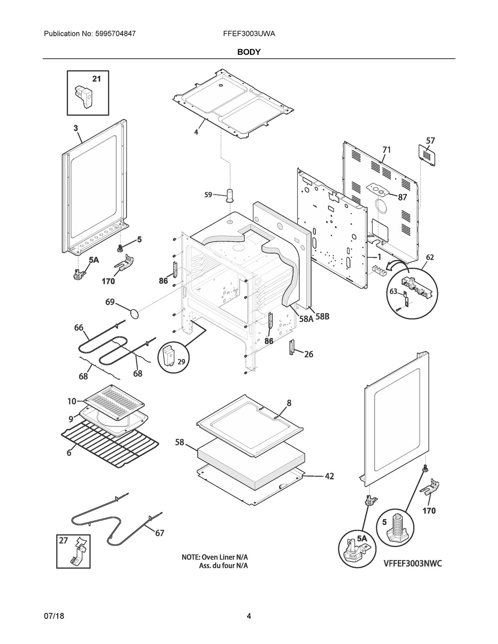 Body Diagram and Parts List for FFEF3003UWA  Frigidaire Range