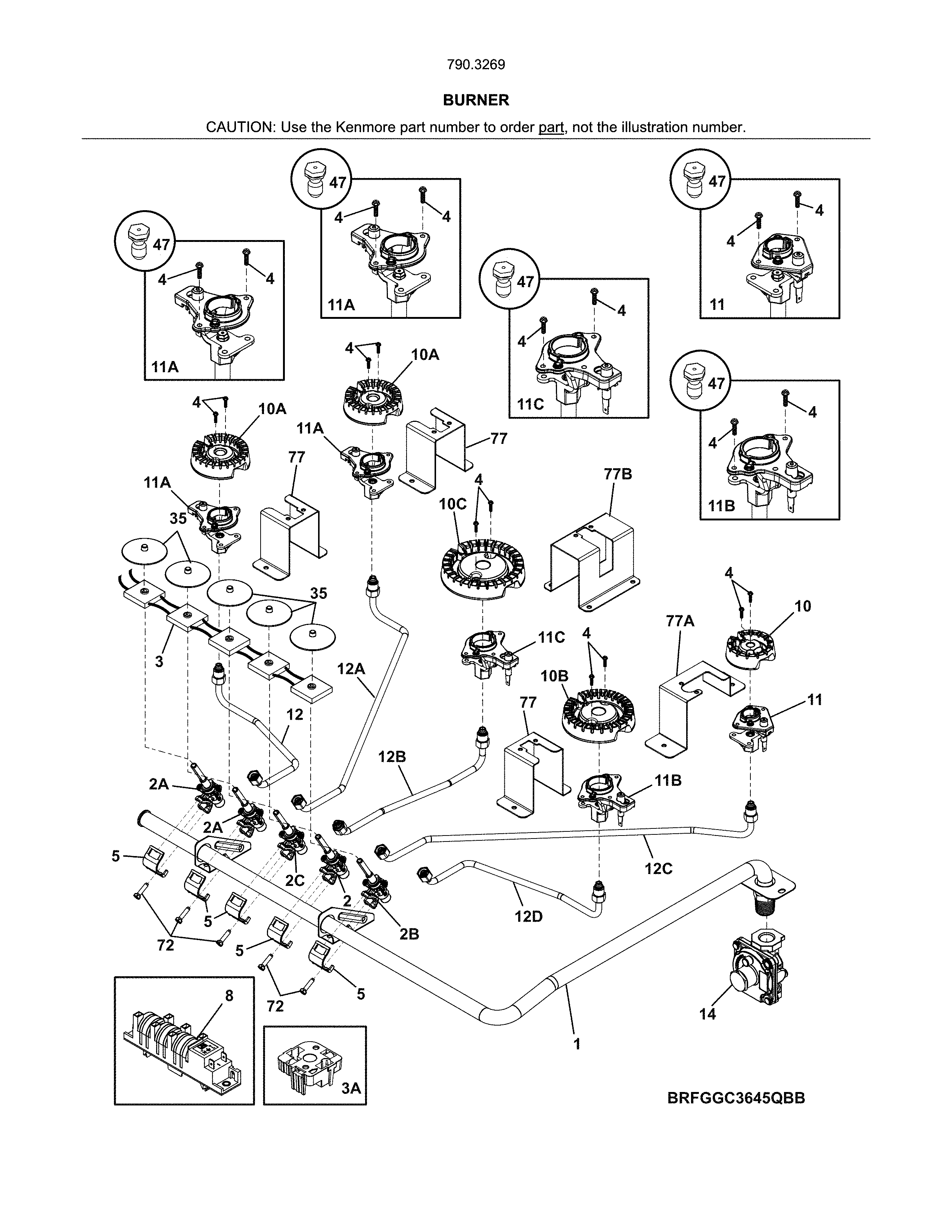 Burners Diagram and Parts List for 79032699411  Kenmore Cooktop