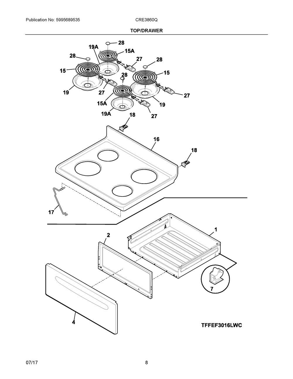 Top/drawer Diagram and Parts List for CRE3860QBC  Frigidaire Range
