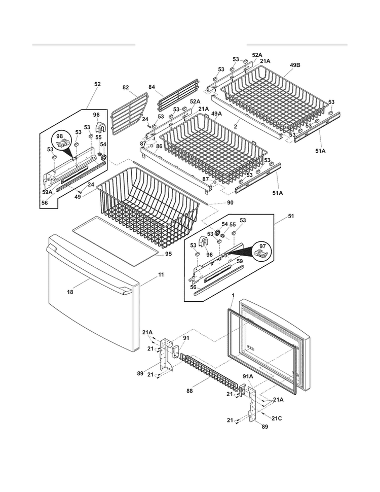Freezer Drawer - Basket Diagram and Parts List for EW23BC71IS9  Electrolux Refrigerator