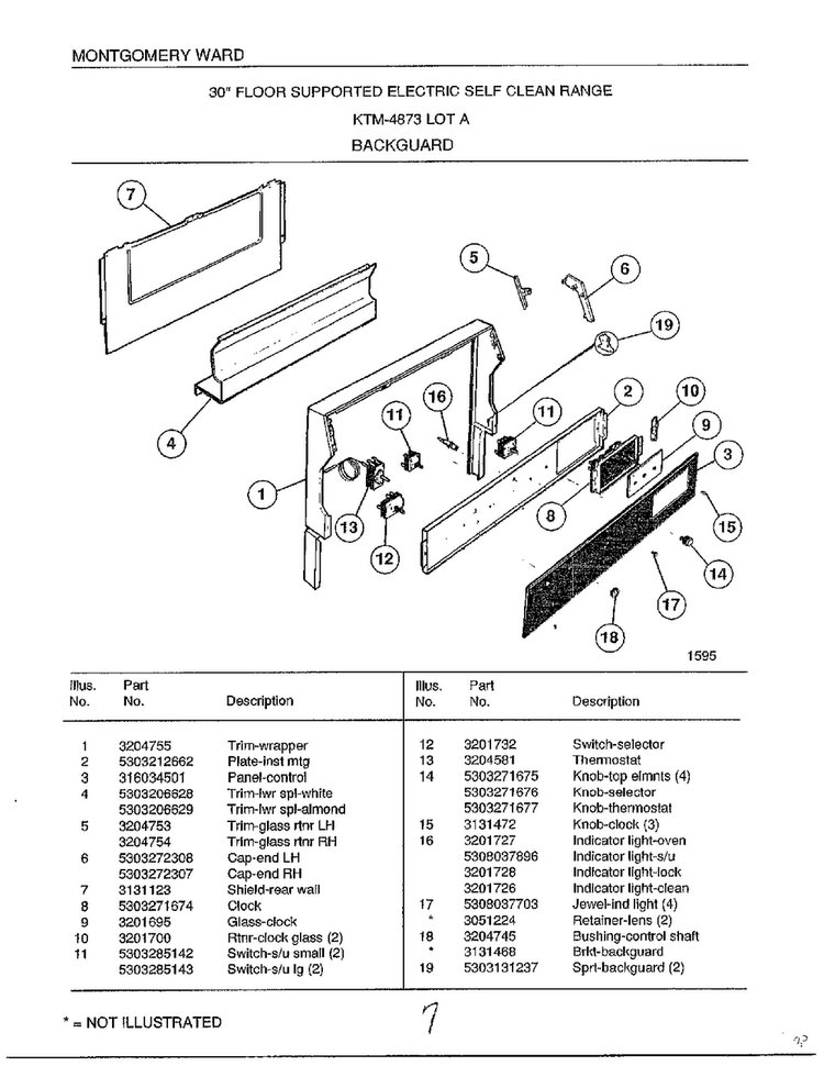 Backguard Diagram and Parts List for 4873A  Frigidaire Range