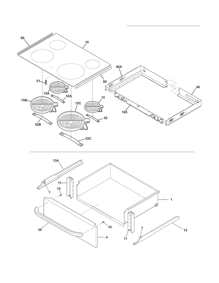 Top/drawer Diagram and Parts List for FFES3025LSD  Frigidaire Range