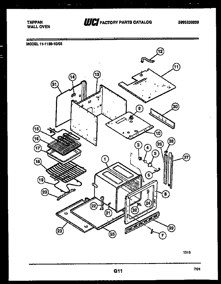 BODY PARTS Diagram and Parts List for 11-1159-00-03  Tappan Wall Oven