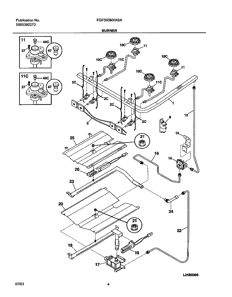BURNER Diagram and Parts List for FGF350MXASA  Frigidaire Range