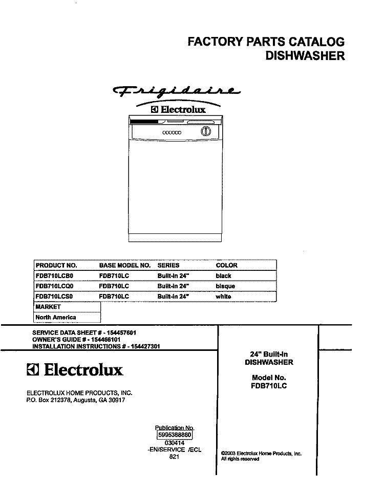 COVER Diagram and Parts List for FDB710LCS0  Frigidaire Dishwasher