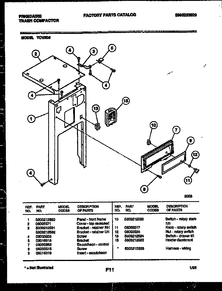 FRONT FRAME AND CONTROL PANEL Diagram and Parts List for TCU3D5  Frigidaire Trash Compactor