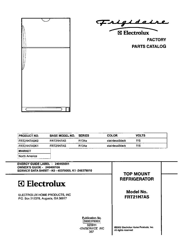 COVER Diagram and Parts List for FRT21H7ASK1  Frigidaire Refrigerator