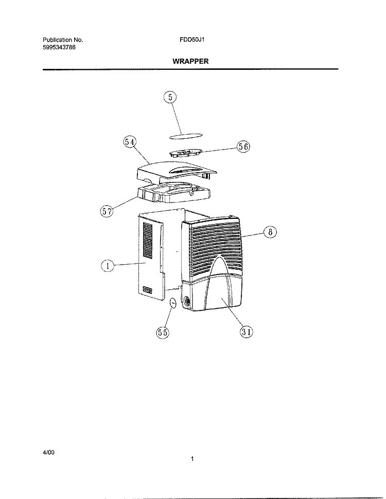 WRAPPER Diagram and Parts List for FDD50J1  Frigidaire Dehumidifier