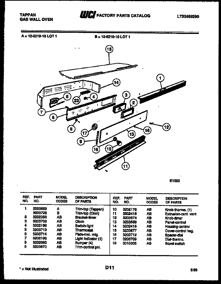 CONTROL PANEL Diagram and Parts List for 12-6219-00-01  Tappan Wall Oven