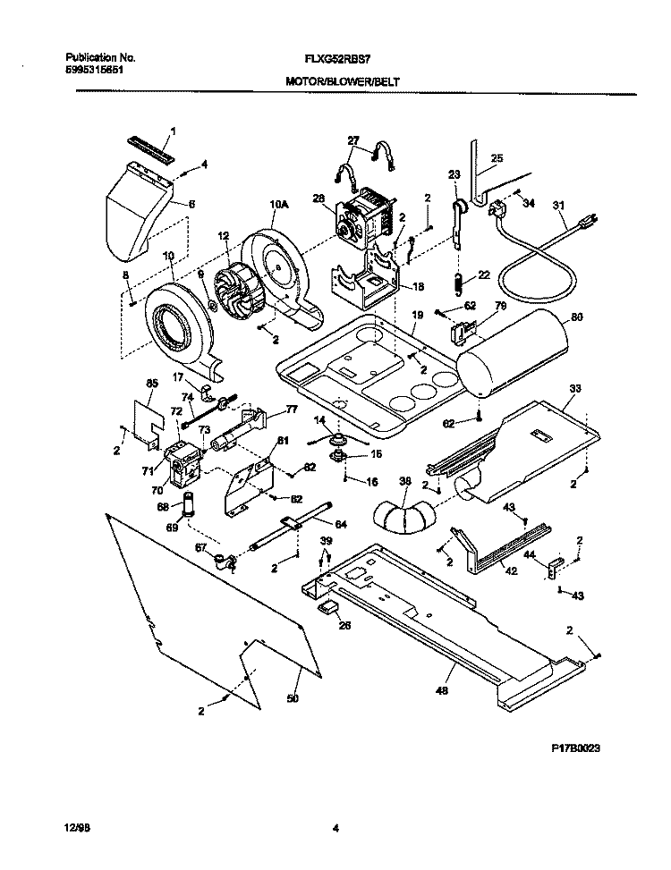 MOTOR / BLOWER / BELT Diagram and Parts List for FLXG52RBS7  Frigidaire Washer Dryer Combo