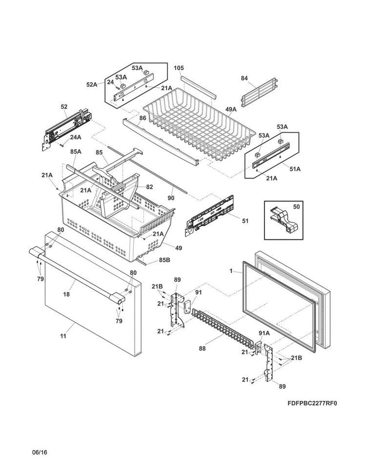 Freezer Drawer, Baskets Diagram and Parts List for FPBC2277RF4  Frigidaire Refrigerator