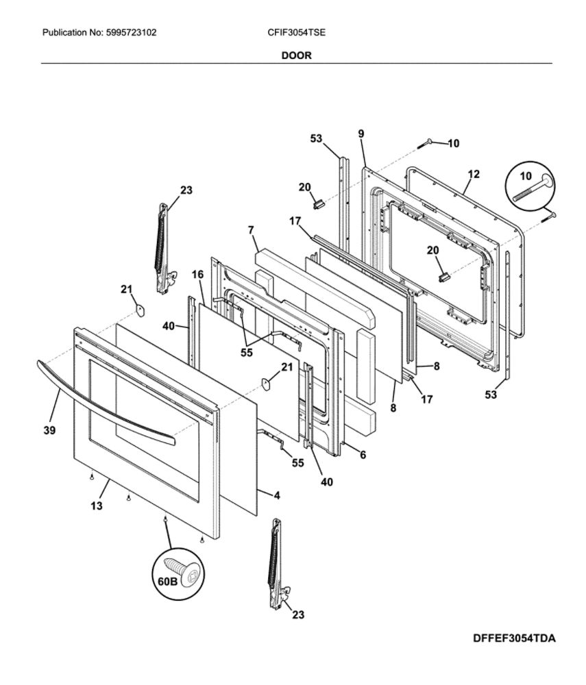 Door Diagram and Parts List for CFIF3054TSE  Frigidaire Range