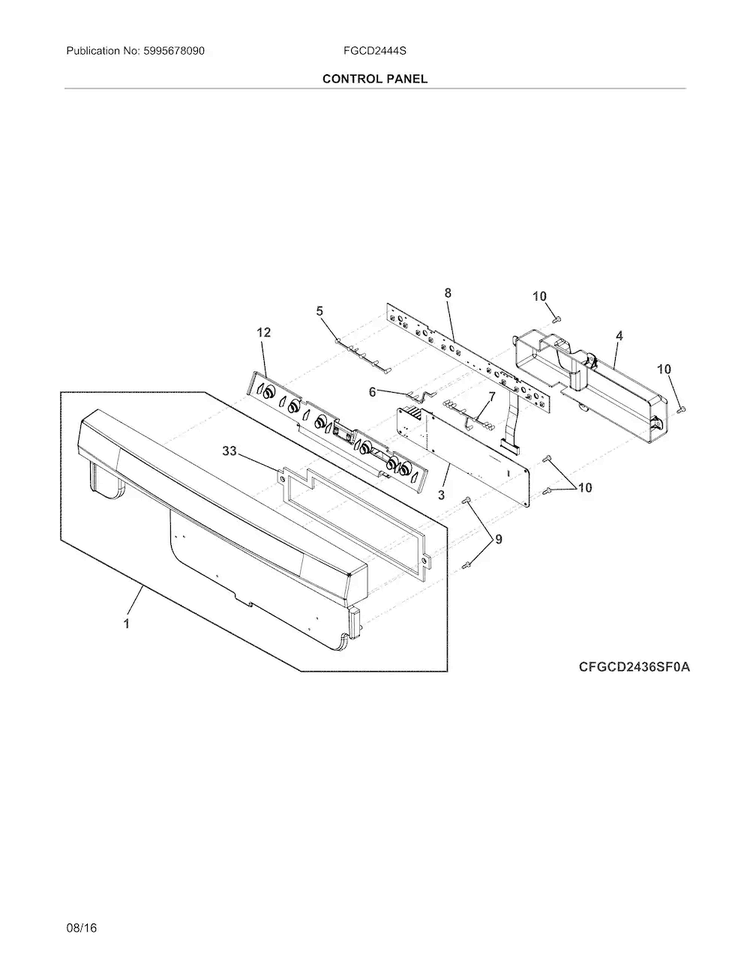 Control Panel Diagram and Parts List for FGCD2444SA0A  Frigidaire Dishwasher