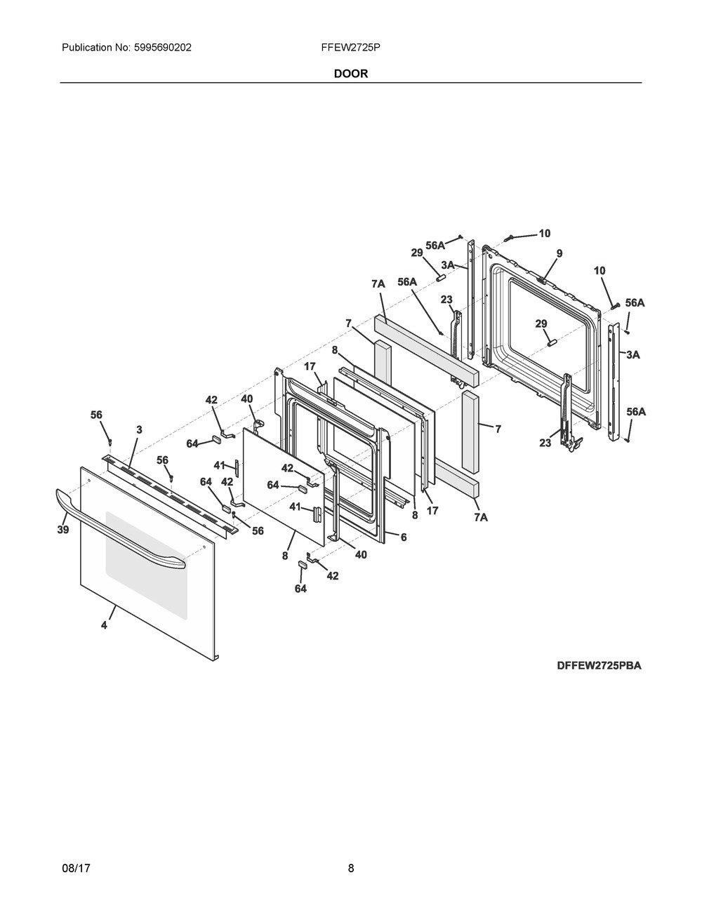 Door Diagram and Parts List for FFEW2725PWE  Frigidaire Wall Oven
