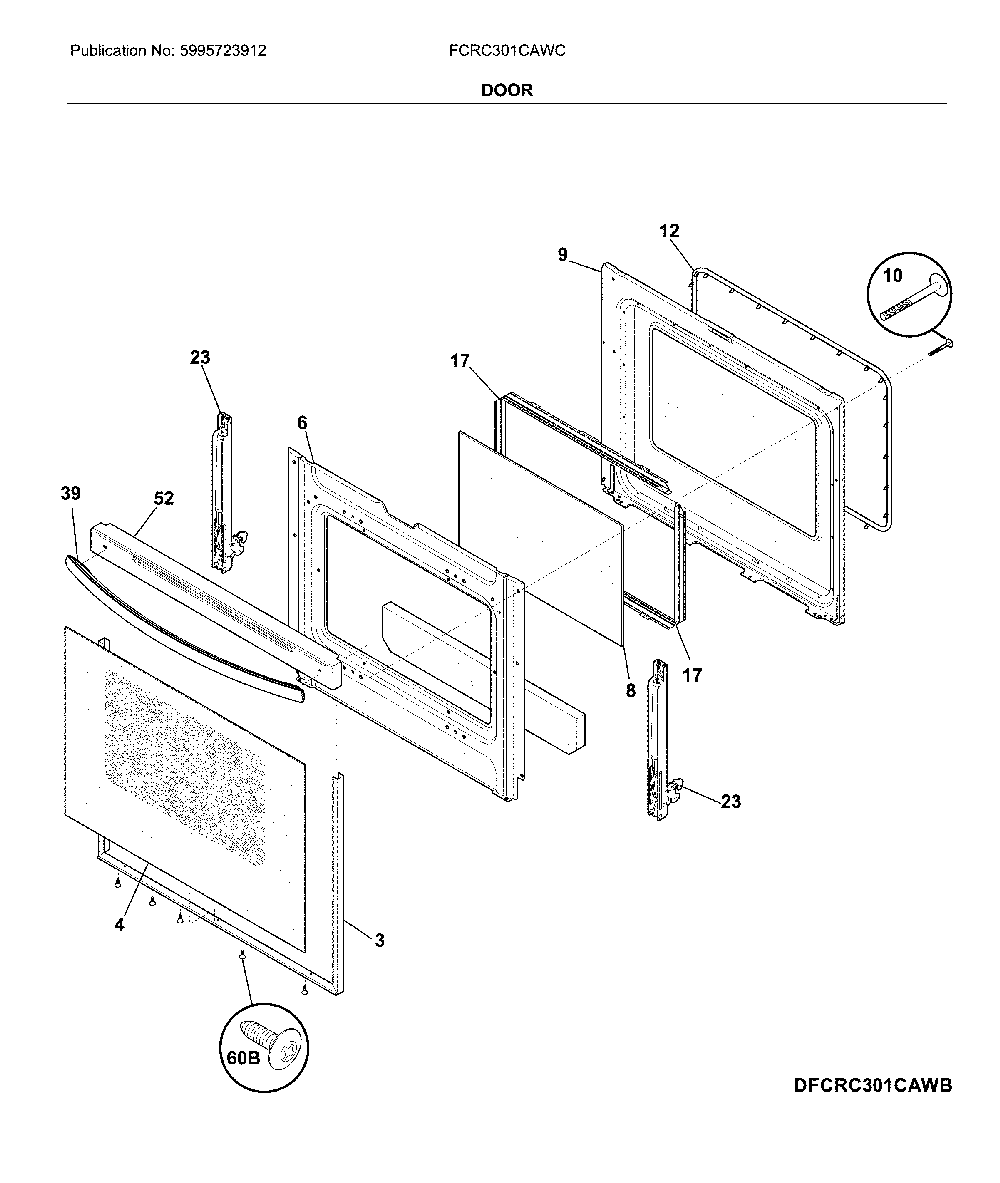 Door Diagram and Parts List for FCRC301CAWC  Frigidaire Range